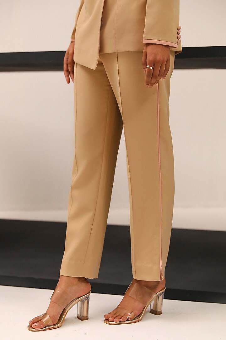 Beige Crepe Asymmetric Blazer Set by Label Deepika Nagpal at Pernia's Pop Up Shop