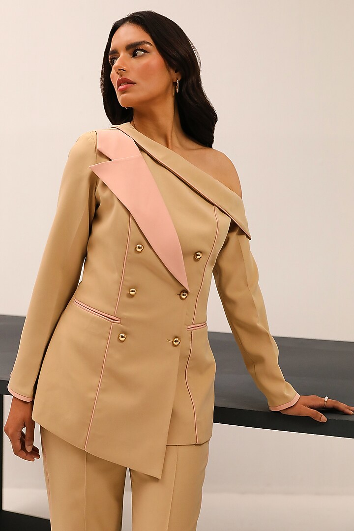 Beige Crepe Asymmetric Blazer Set by Label Deepika Nagpal at Pernia's Pop Up Shop