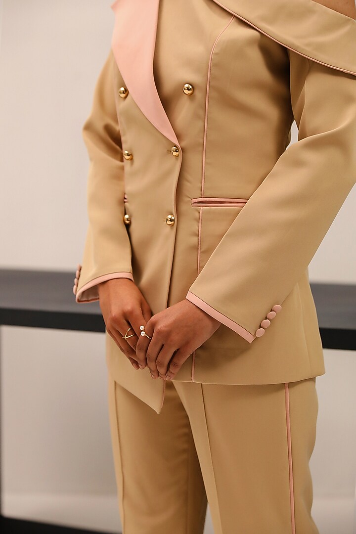 Beige Crepe Asymmetric Blazer Set by Label Deepika Nagpal at Pernia's Pop Up Shop