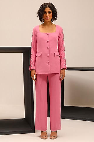 Pink Summer Twill Hand Embroidered Blazer Set by Label Deepika Nagpal