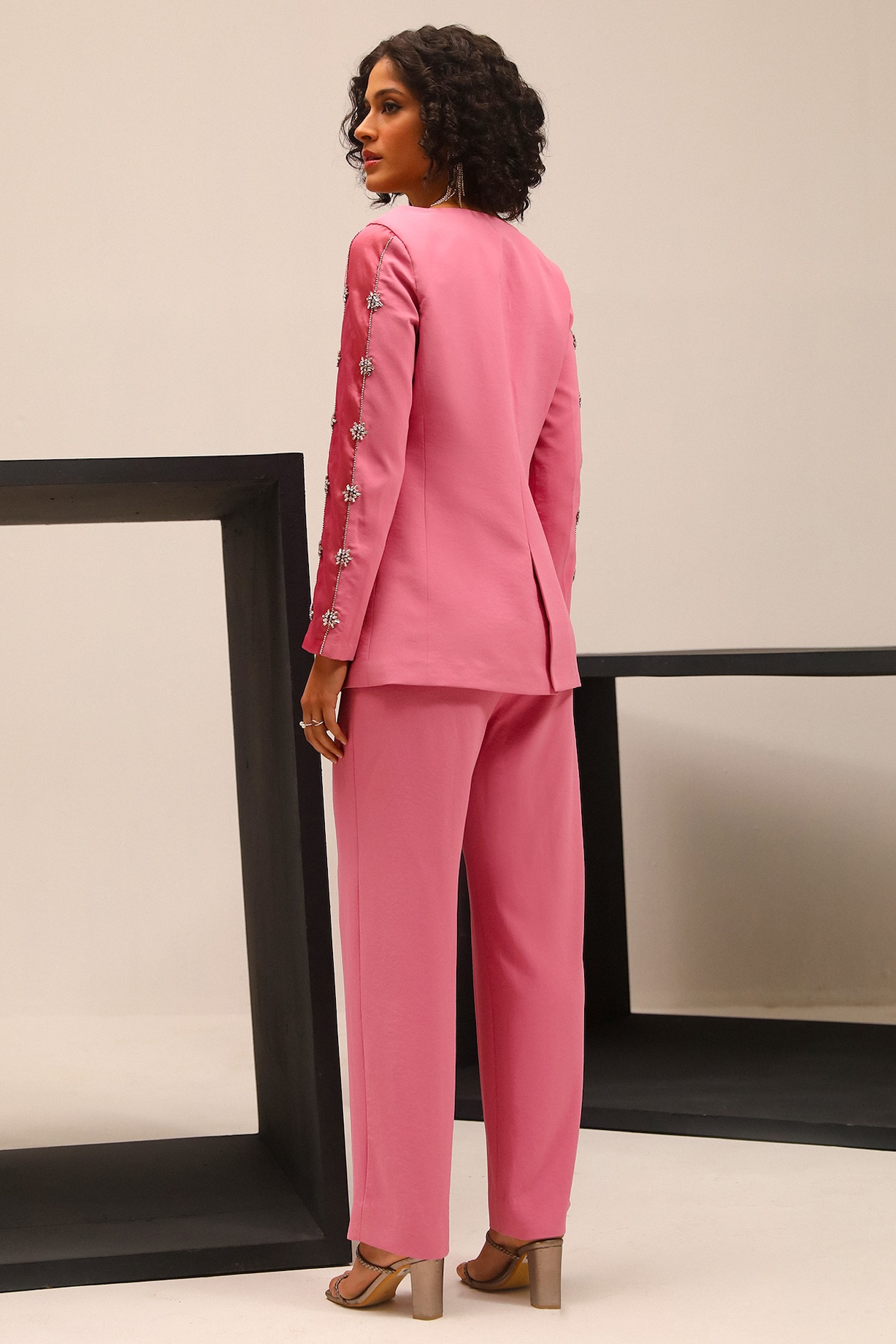 Pink Summer Twill Hand Embroidered Blazer Set by Label Deepika
