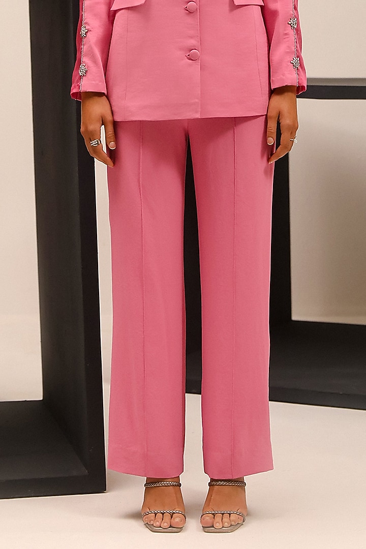 Pink Summer Twill Hand Embroidered Blazer Set by Label Deepika Nagpal at Pernia's Pop Up Shop