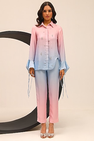 Blue & Pink Brushed Satin Hand Embellished Co-Ord Set by Label Deepika Nagpal