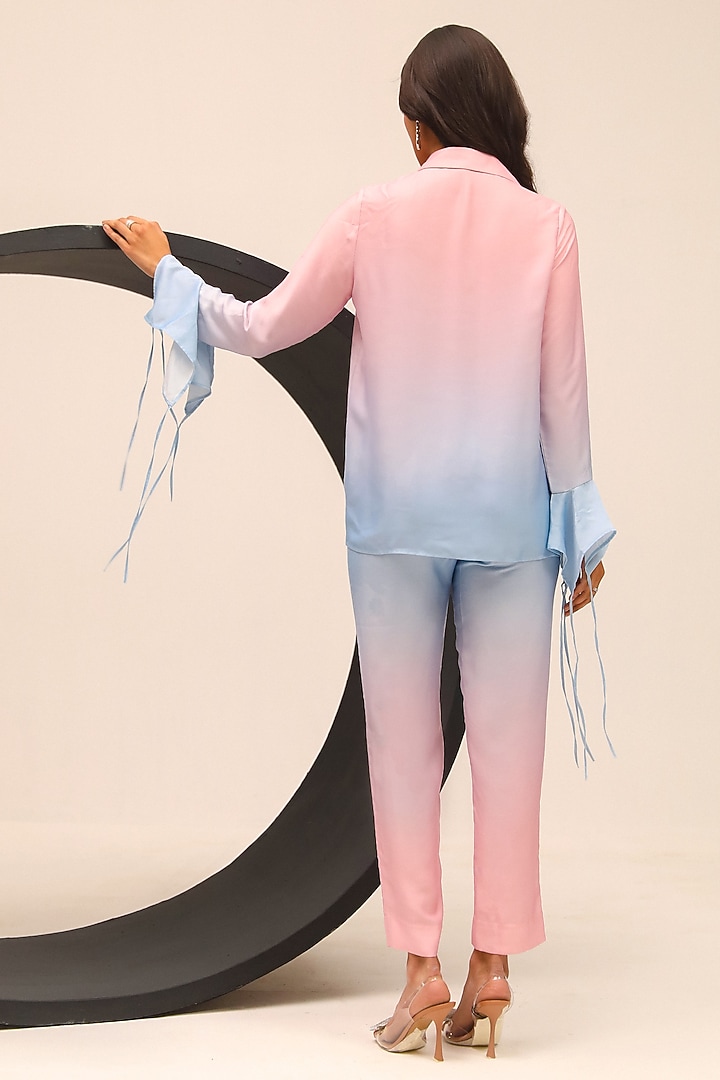 Blue & Pink Brushed Satin Hand Embellished Co-Ord Set by Label Deepika Nagpal at Pernia's Pop Up Shop