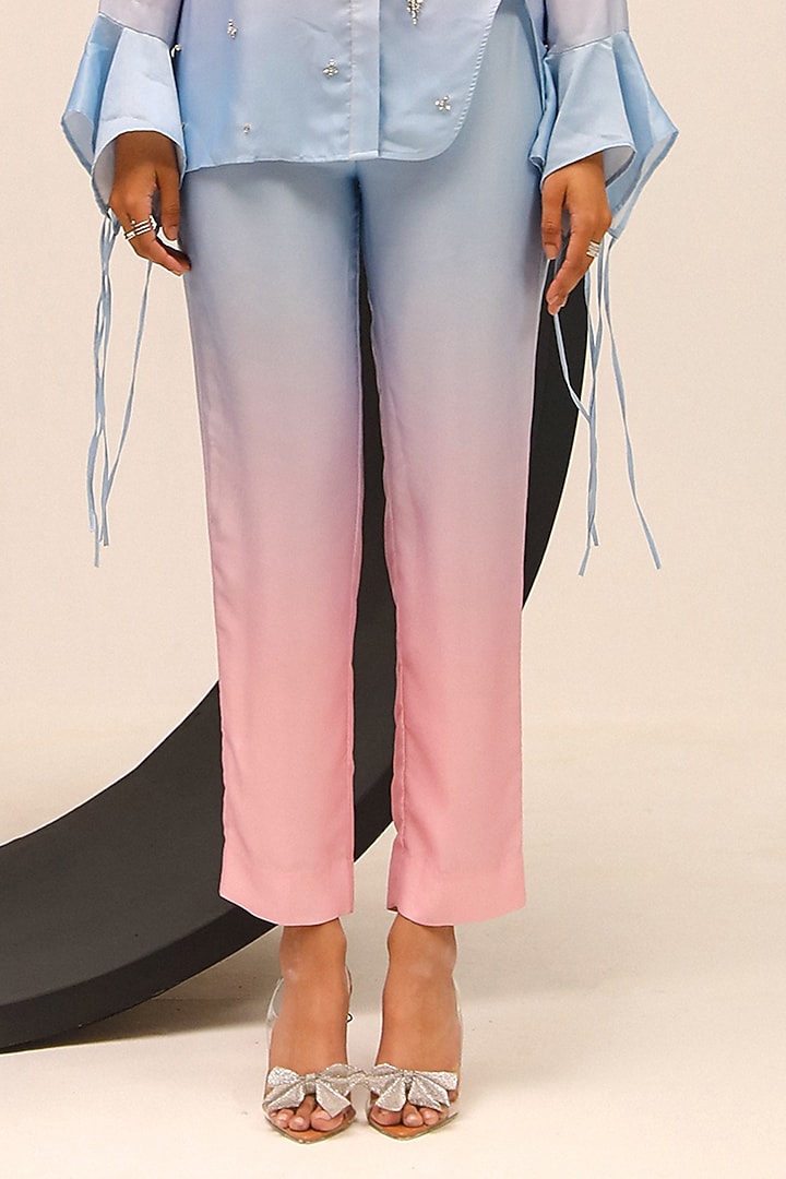 Blue & Pink Brushed Satin Hand Embellished Co-Ord Set by Label Deepika Nagpal at Pernia's Pop Up Shop