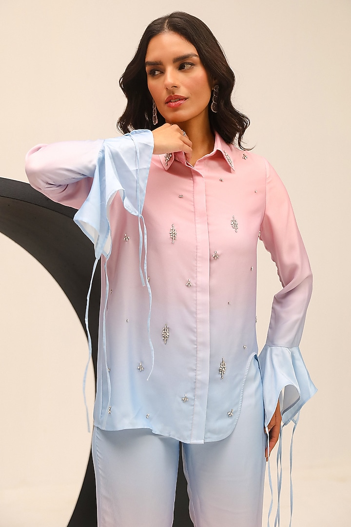 Blue & Pink Brushed Satin Hand Embellished Co-Ord Set by Label Deepika Nagpal at Pernia's Pop Up Shop