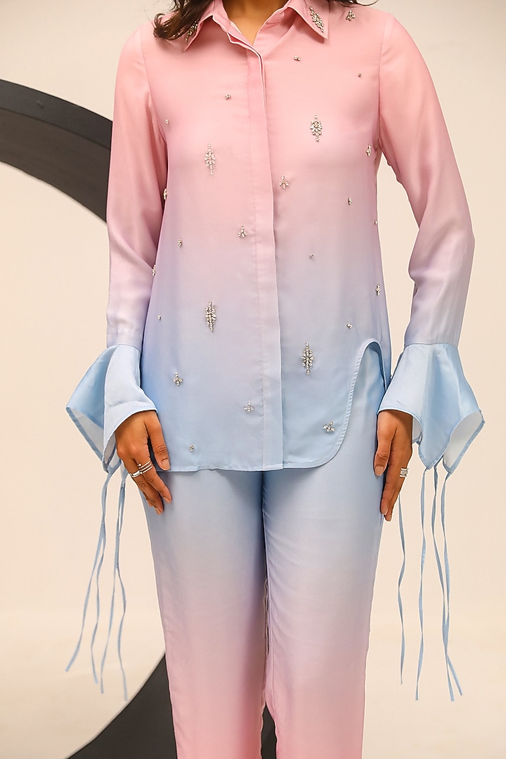 Blue & Pink Brushed Satin Hand Embellished Co-Ord Set by Label Deepika Nagpal at Pernia's Pop Up Shop
