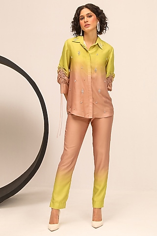 Green & Brown Brushed Satin Hand Embellished Co-Ord Set by Label Deepika Nagpal