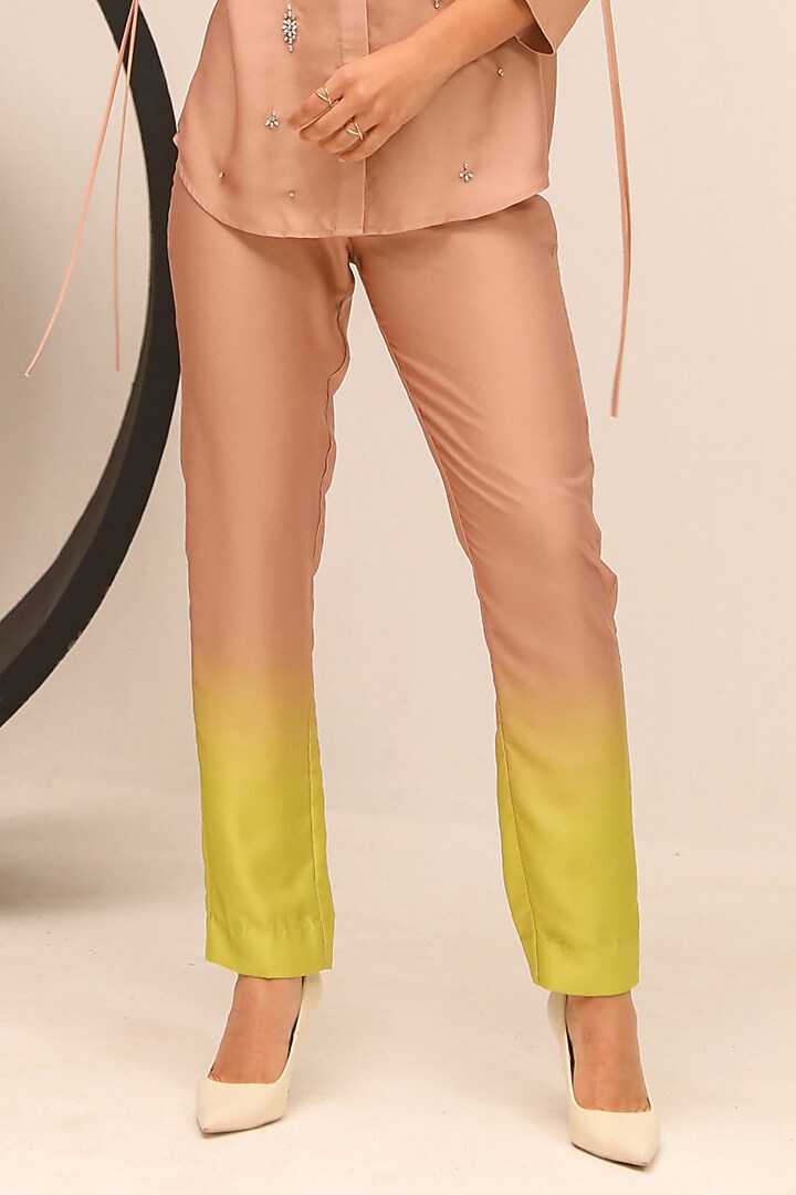 Green & Brown Brushed Satin Hand Embellished Co-Ord Set by Label Deepika Nagpal at Pernia's Pop Up Shop