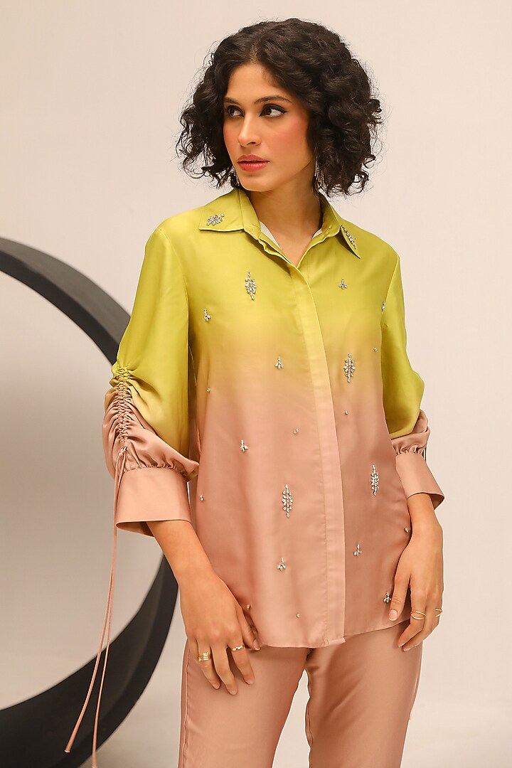Green & Brown Brushed Satin Hand Embellished Co-Ord Set by Label Deepika Nagpal at Pernia's Pop Up Shop