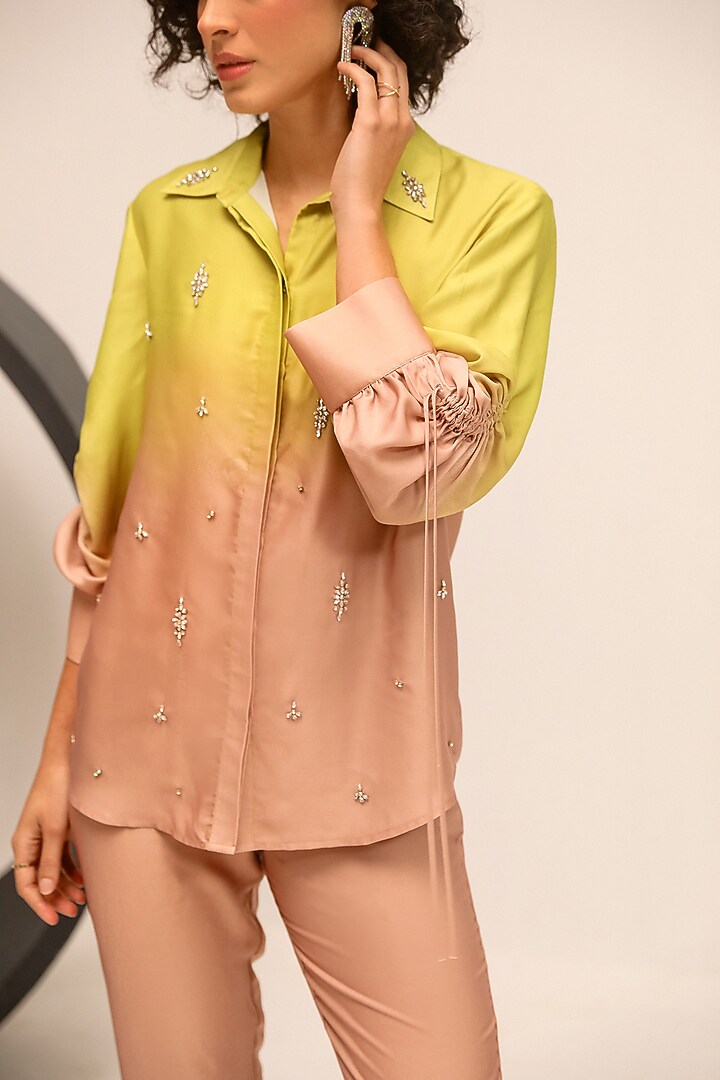 Green & Brown Brushed Satin Hand Embellished Co-Ord Set by Label Deepika Nagpal at Pernia's Pop Up Shop