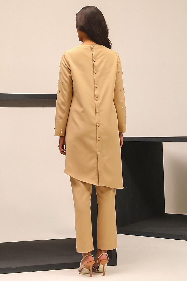 Beige Luxury Heavy Crepe Hand Embellished Co-Ord Set by Label Deepika Nagpal at Pernia's Pop Up Shop