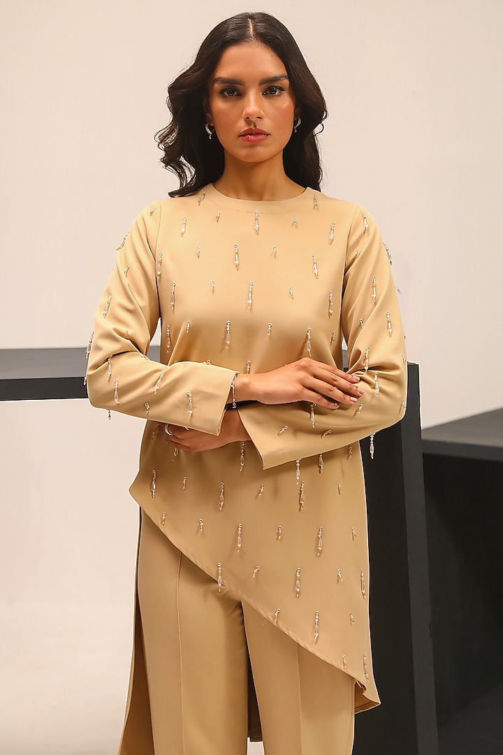 Beige Luxury Heavy Crepe Hand Embellished Co-Ord Set by Label Deepika Nagpal at Pernia's Pop Up Shop