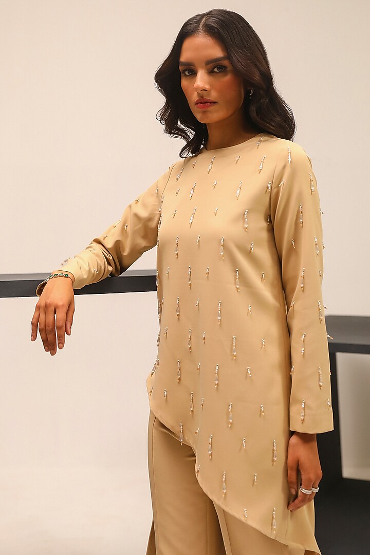 Beige Luxury Heavy Crepe Hand Embellished Co-Ord Set by Label Deepika Nagpal at Pernia's Pop Up Shop