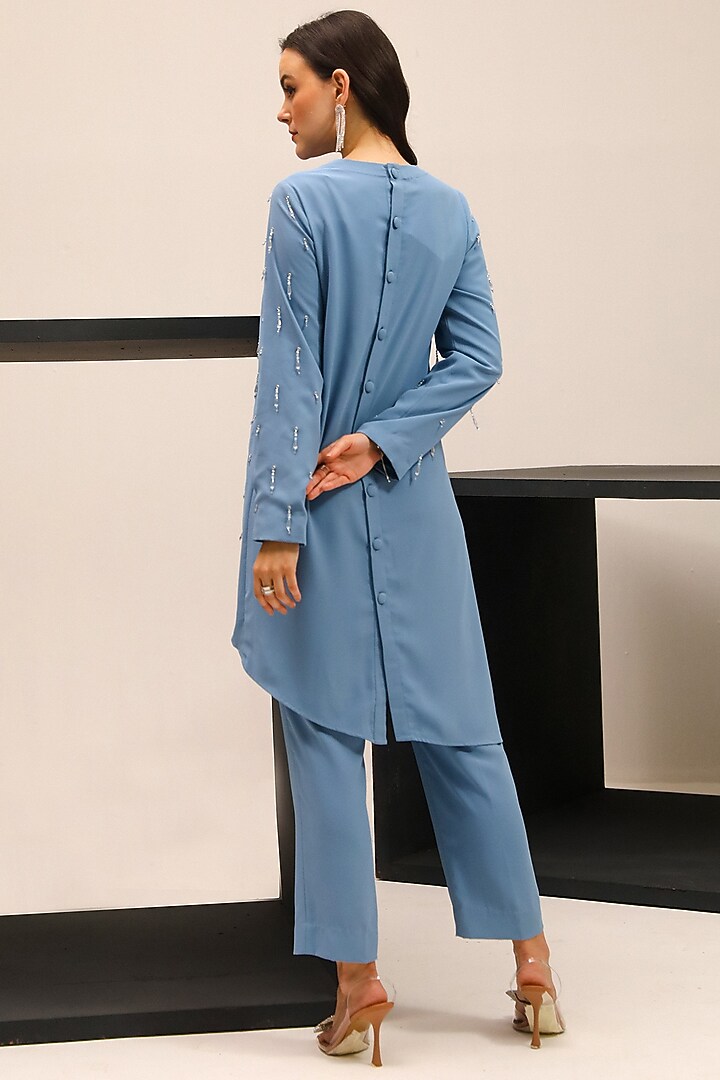 Blue Butter Crepe Embellished Co-Ord Set by Label Deepika Nagpal at Pernia's Pop Up Shop