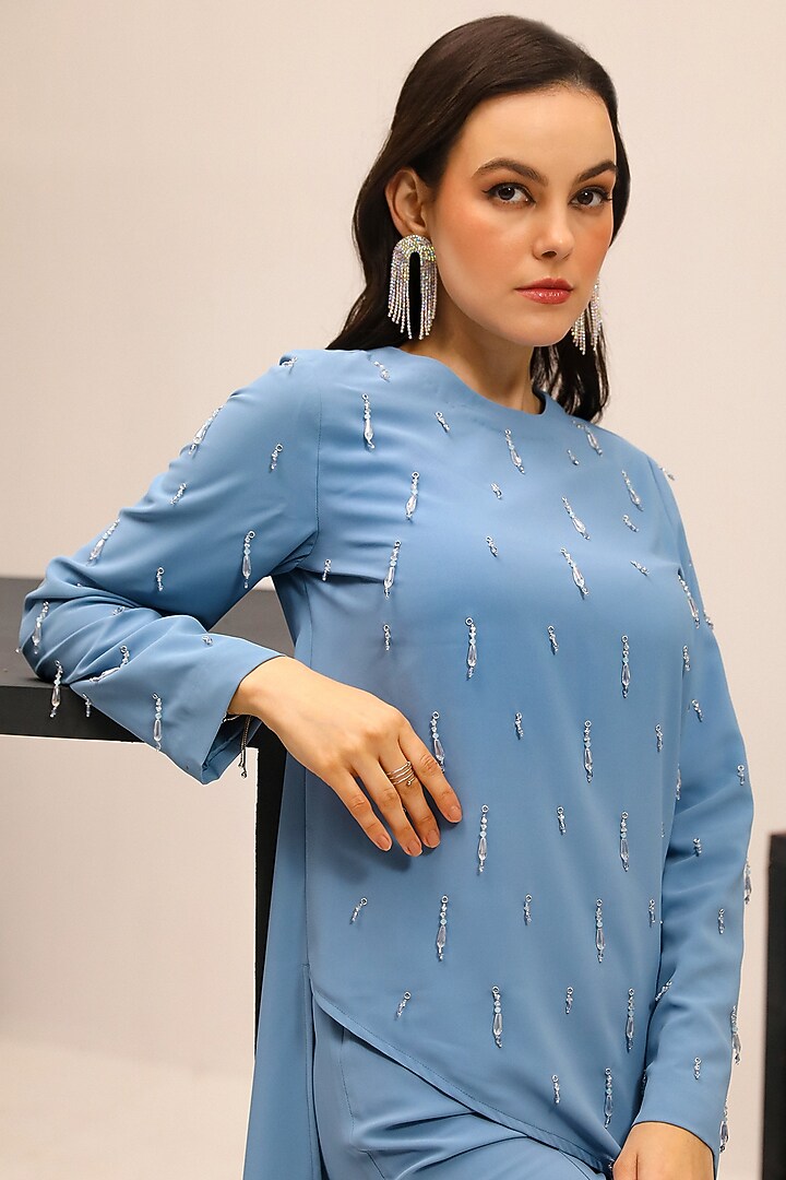 Blue Butter Crepe Embellished Co-Ord Set by Label Deepika Nagpal at Pernia's Pop Up Shop