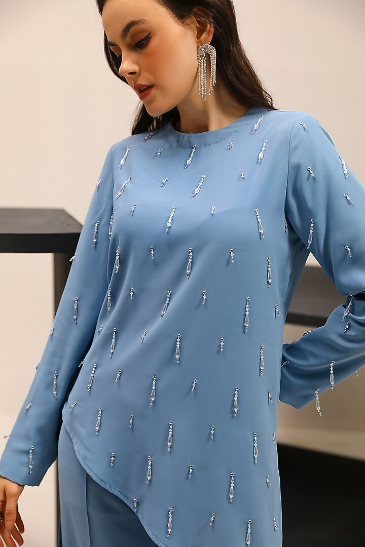 Blue Butter Crepe Embellished Co-Ord Set by Label Deepika Nagpal at Pernia's Pop Up Shop