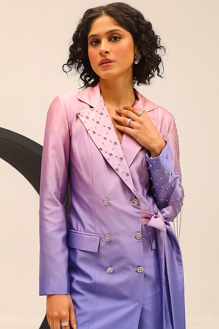 Purple Brushed Satin Double-Breasted Mini Blazer Summer Dress by Label Deepika Nagpal at Pernia's Pop Up Shop