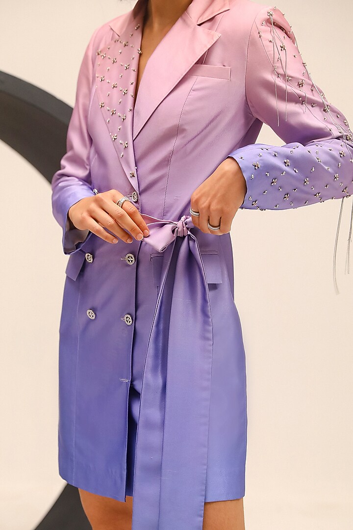 Purple Brushed Satin Double-Breasted Mini Blazer Summer Dress by Label Deepika Nagpal at Pernia's Pop Up Shop