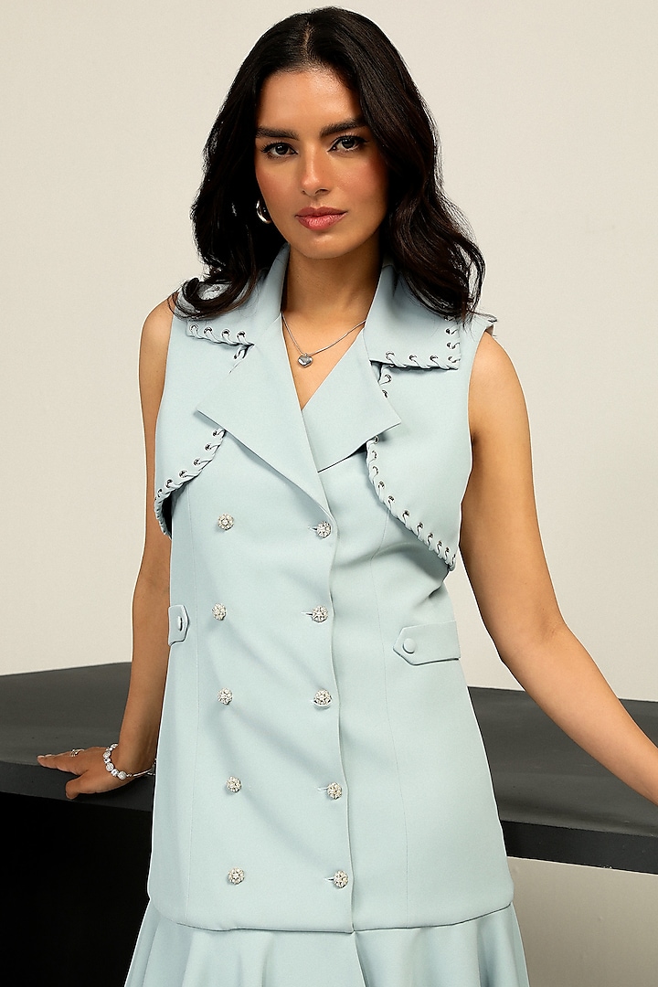 Blue Summer Twill Double-Breasted Mini Tuxedo Dress by Label Deepika Nagpal