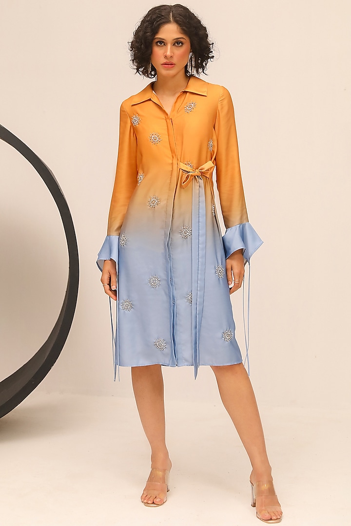 Ochre & Blue Brushed Satin Embellished Midi Shirt Dress by Label Deepika Nagpal