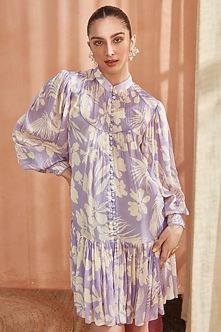 Lilac Pearl Chiffon Embellished Ruffled Dress by Label Deepika Nagpal