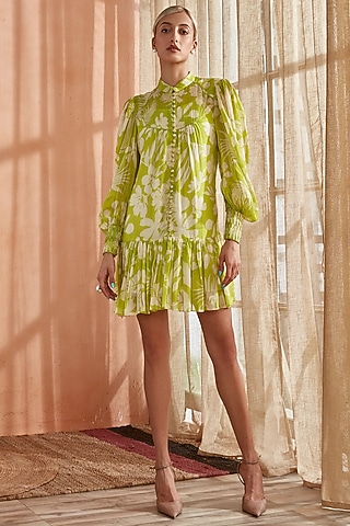Spring Green Pearl Chiffon Embellished Ruffled Dress by Label Deepika Nagpal