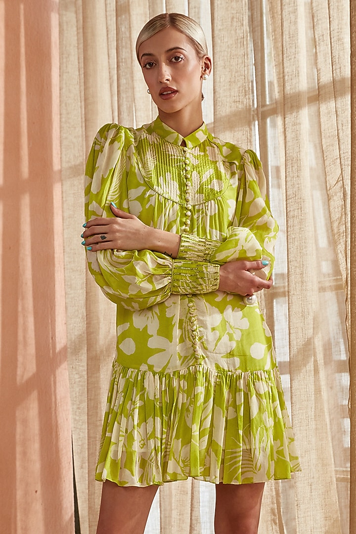 Spring Green Pearl Chiffon Embellished Ruffled Summer Dress by Label Deepika Nagpal at Pernia's Pop Up Shop