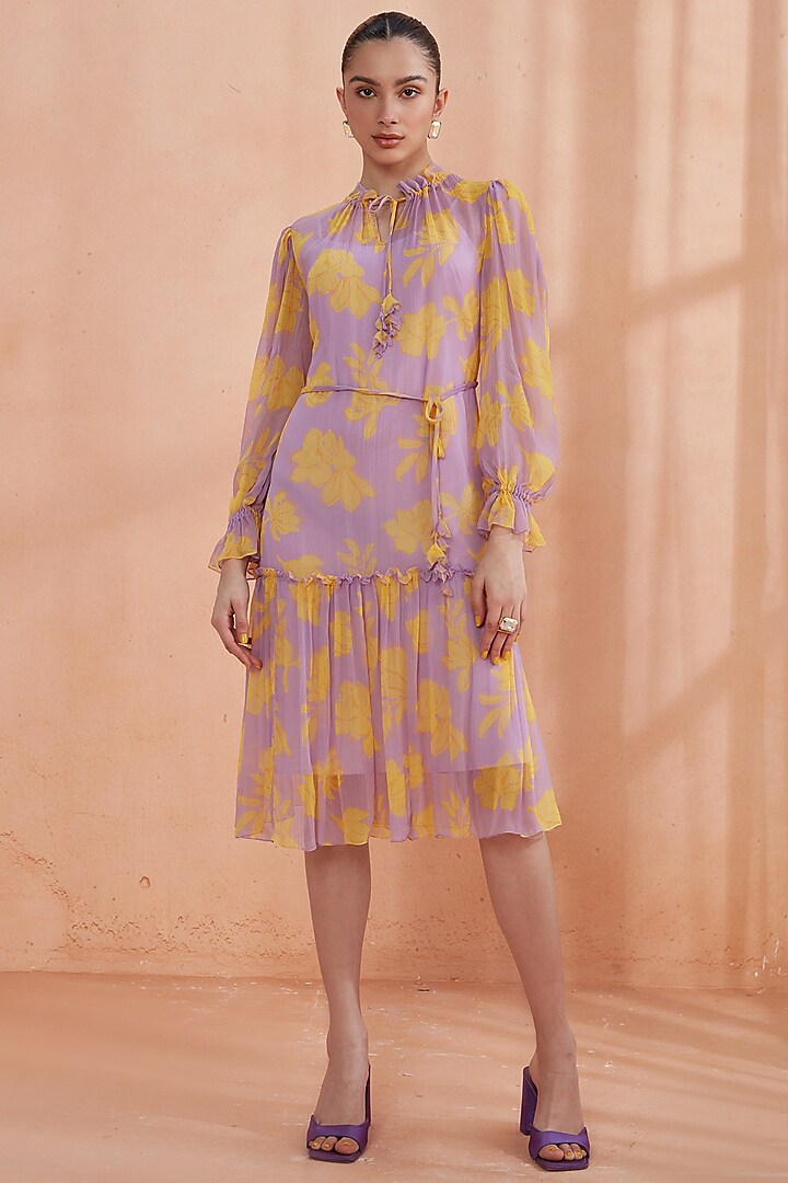Lavender Pearl Chiffon Ruffled Dress by Label Deepika Nagpal