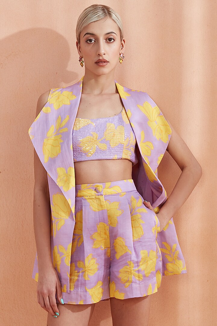 Lavender Silk Linen Jacket Set by Label Deepika Nagpal at Pernia's Pop Up Shop