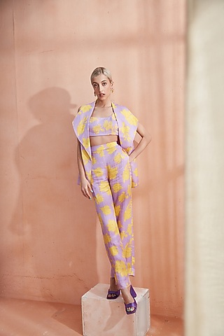 Lavender Silk Linen Jacket Set by Label Deepika Nagpal