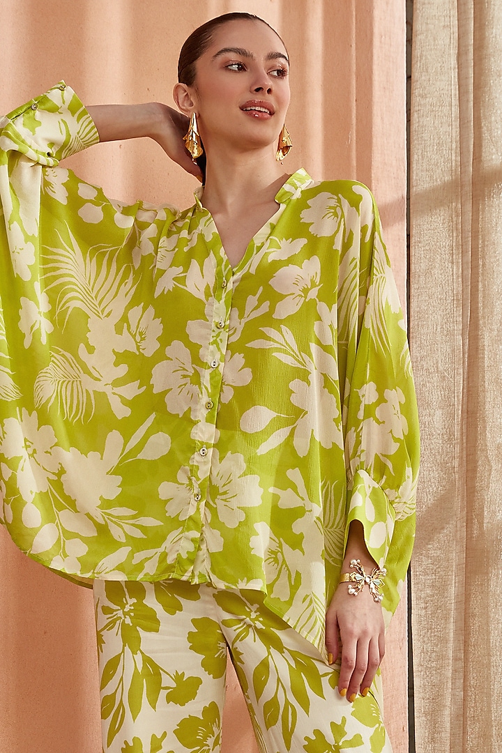 Spring Green Pearl Chiffon Asymmetrical Kimono Shirt by Label Deepika Nagpal