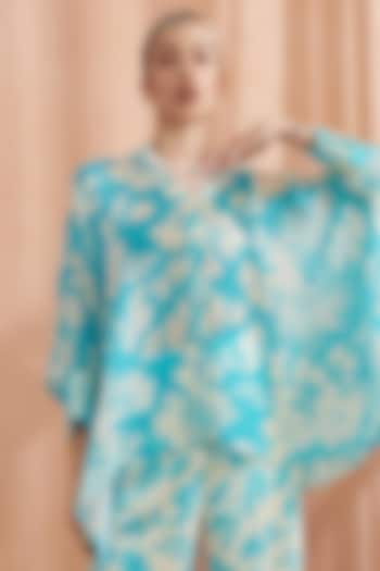 Ocean Blue Pearl Chiffon Asymmetrical Kimono Shirt by Label Deepika Nagpal