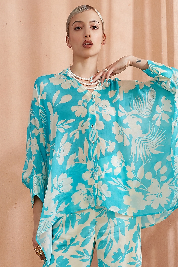 Ocean Blue Pearl Chiffon Asymmetrical Kimono Shirt by Label Deepika Nagpal