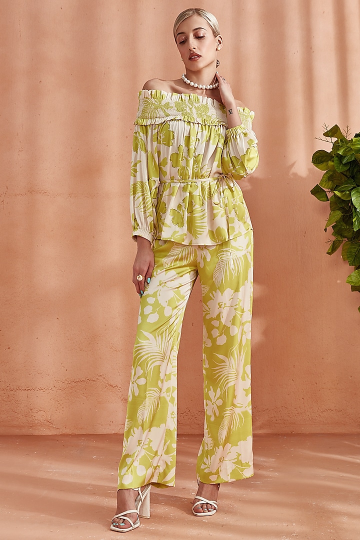 Spring Green Silk Satin Embellished Off-Shoulder Top by Label Deepika Nagpal