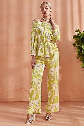Spring Green Silk Satin Embellished Off-Shoulder Top by Label Deepika Nagpal