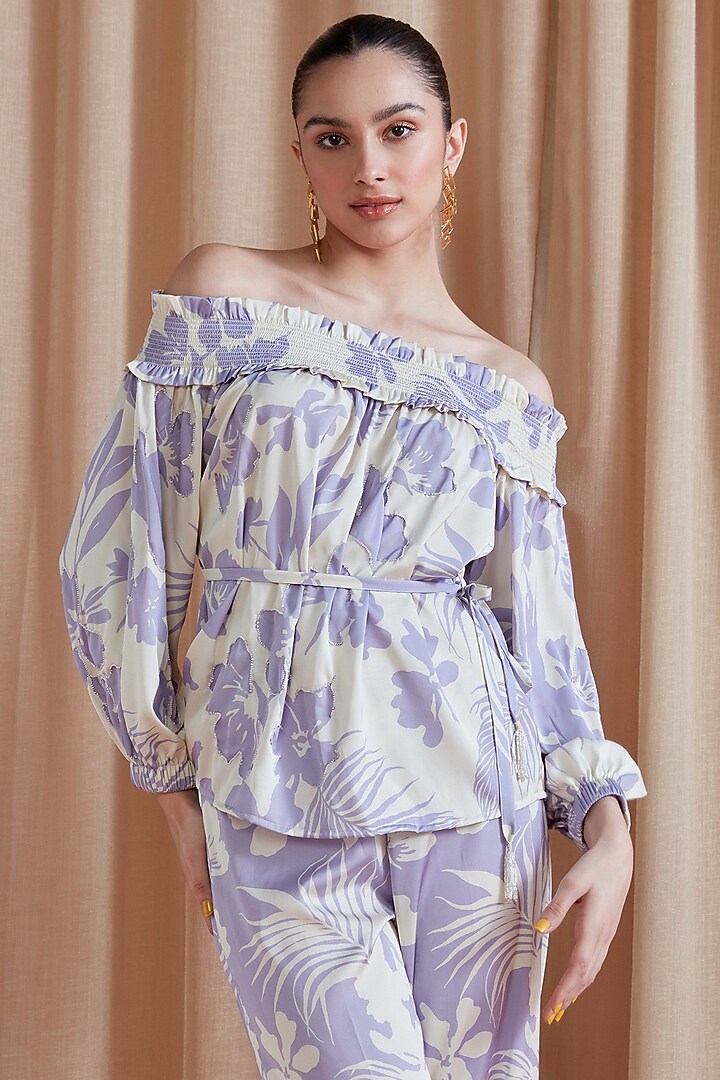 Lilac Silk Satin Embellished Off-Shoulder Top by Label Deepika Nagpal at Pernia's Pop Up Shop
