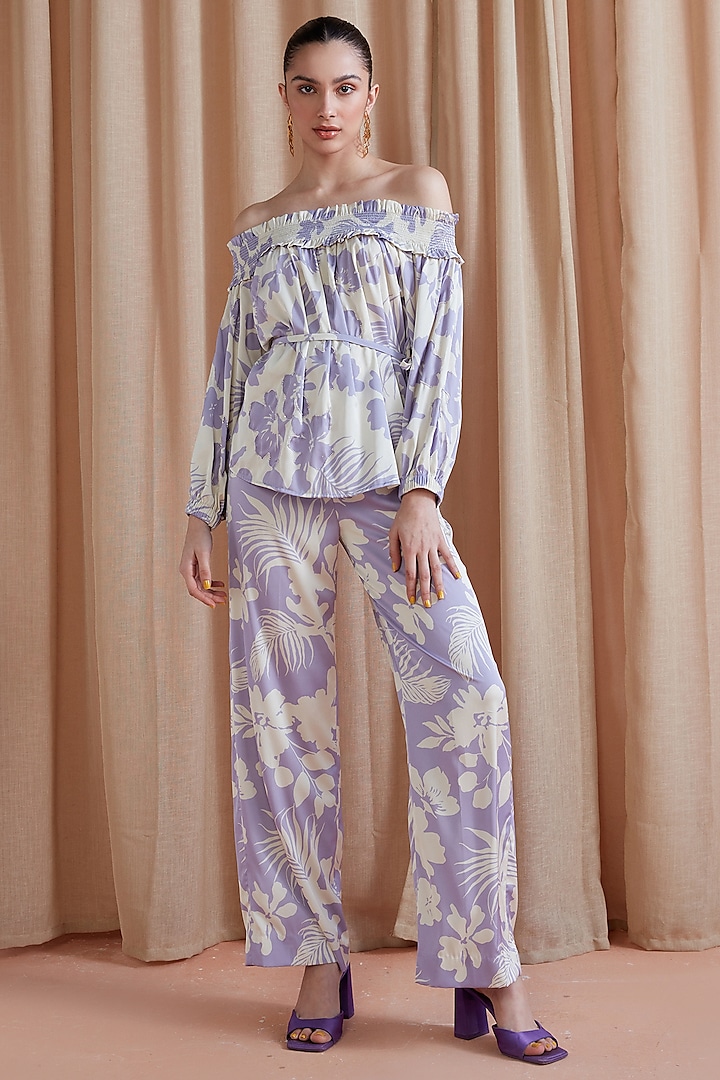 Lilac Silk Satin Embellished Off-Shoulder Top by Label Deepika Nagpal