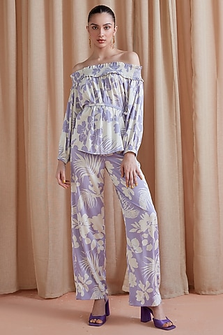 Lilac Silk Satin Embellished Off-Shoulder Top by Label Deepika Nagpal