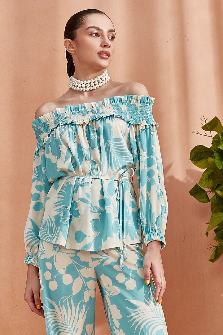 Ocean Blue Silk Satin Embellished Off-Shoulder Top by Label Deepika Nagpal at Pernia's Pop Up Shop