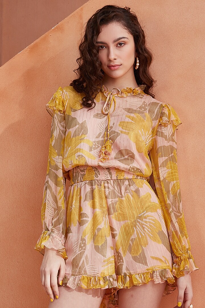 Amber Chiffon Lurex Frilled Playsuit by Label Deepika Nagpal at Pernia's Pop Up Shop