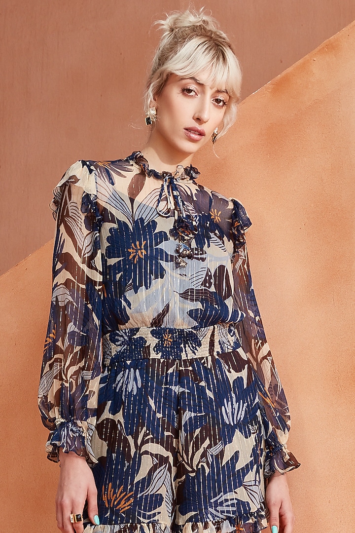 Black Chiffon Lurex Frilled Playsuit by Label Deepika Nagpal at Pernia's Pop Up Shop