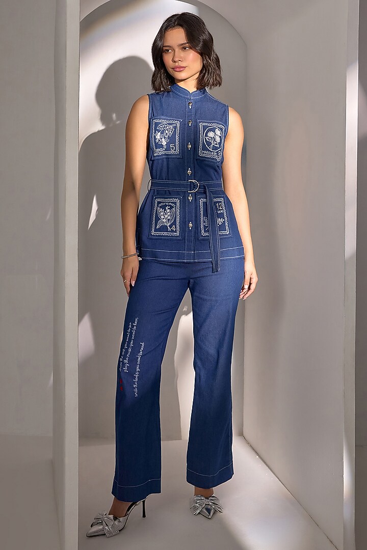Blue Soft Denim Metallic Embroidered Co-Ord Set by Label Deepika Nagpal at Pernia's Pop Up Shop