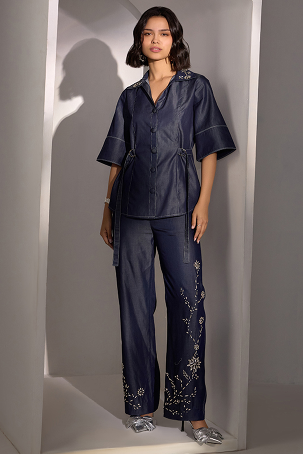 Blue Buttersoft Denim Embellished Co-Ord Set by Label Deepika Nagpal at Pernia's Pop Up Shop