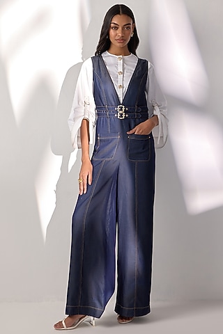 Blue Buttersoft Denim Jumpsuit With Shirt by Label Deepika Nagpal