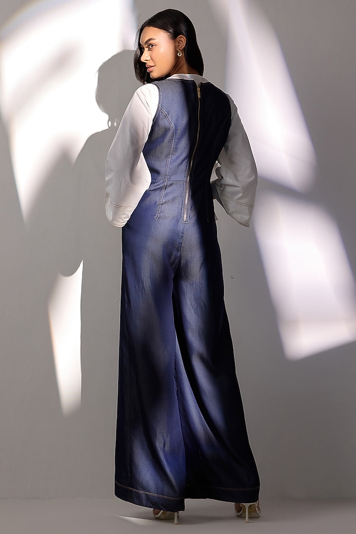 Blue Buttersoft Denim Jumpsuit With Shirt by Label Deepika Nagpal at Pernia's Pop Up Shop