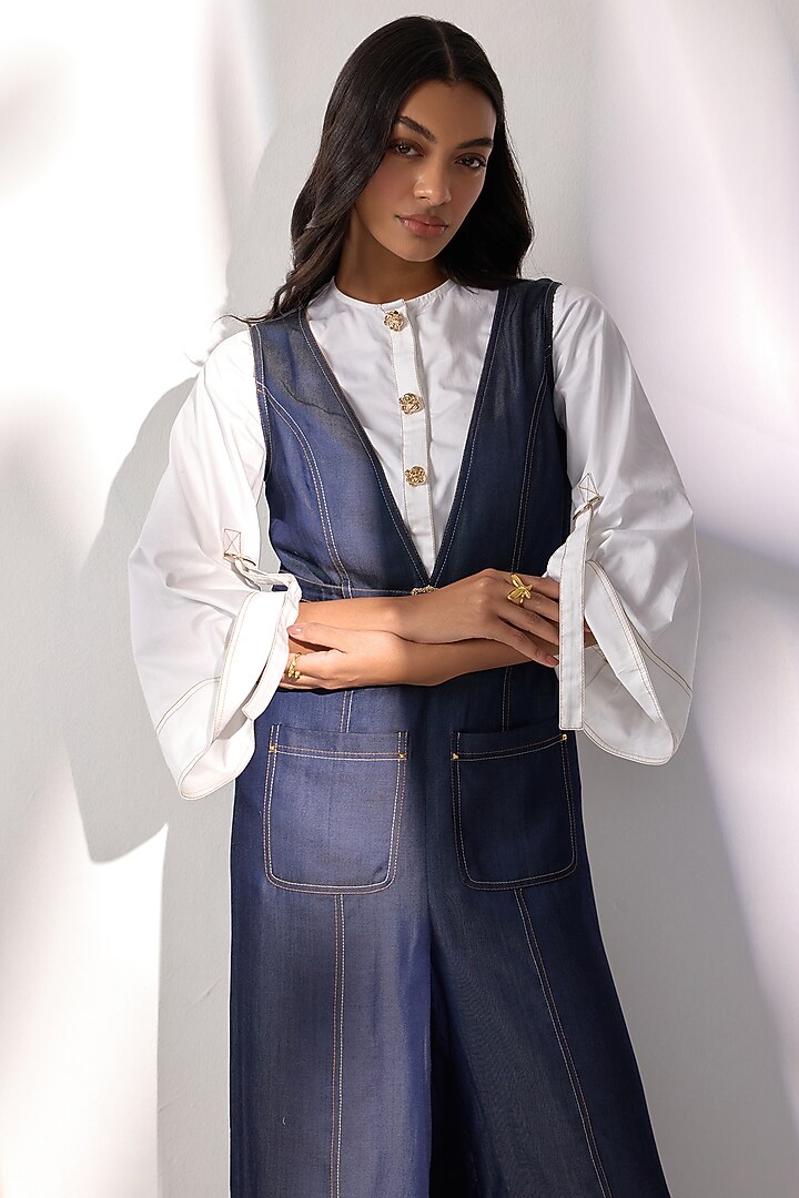 Blue Buttersoft Denim Jumpsuit With Shirt by Label Deepika Nagpal at Pernia's Pop Up Shop