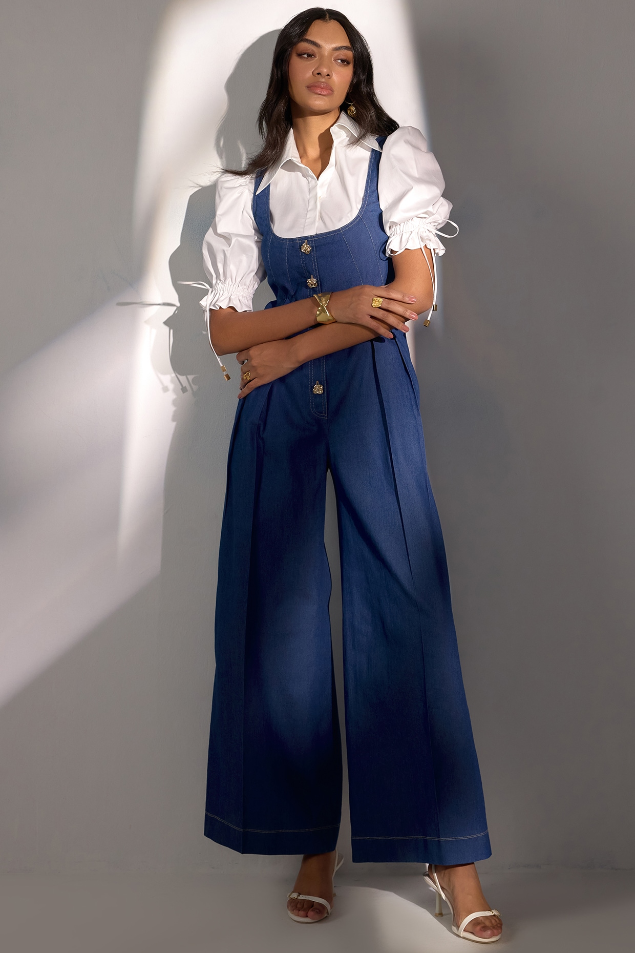 Blue Buttersoft Denim Jumpsuit With Shirt by Label Deepika Nagpal