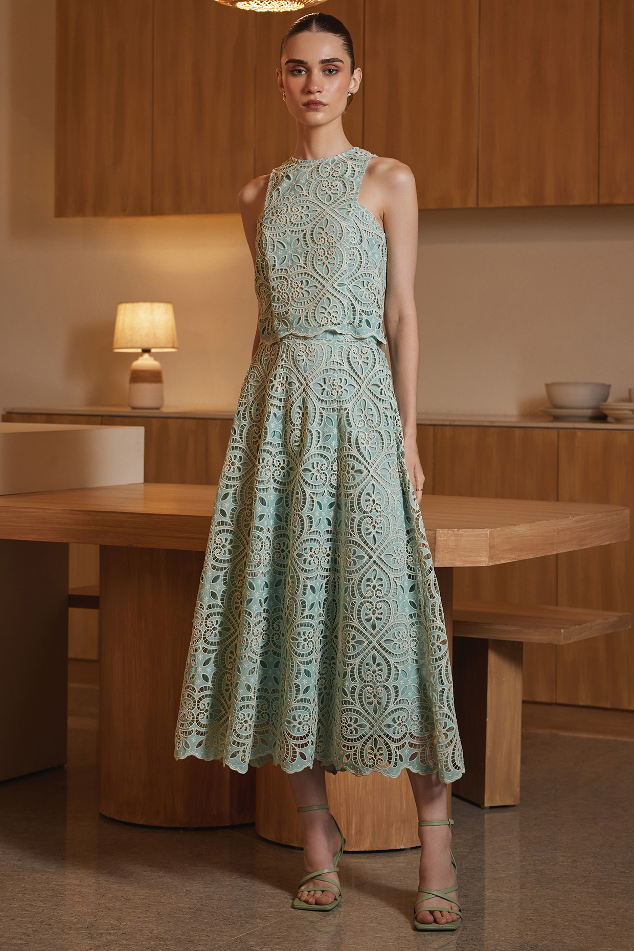Green French Mesh Embroidered Flared Midi Skirt Set by Label Deepika Nagpal at Pernia's Pop Up Shop