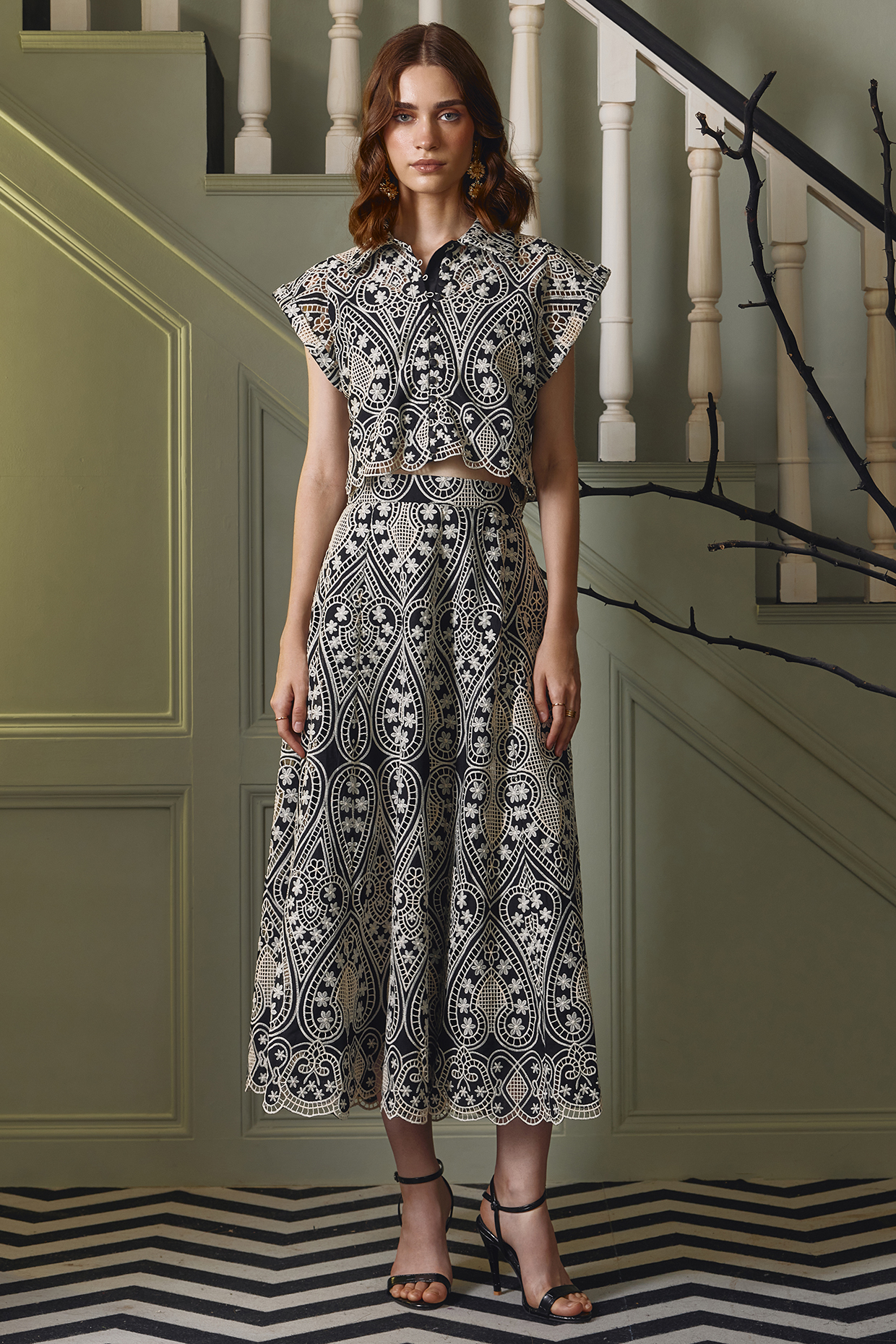 Black French Mesh Midi Skirt Set by Label Deepika Nagpal at Pernia's Pop Up Shop